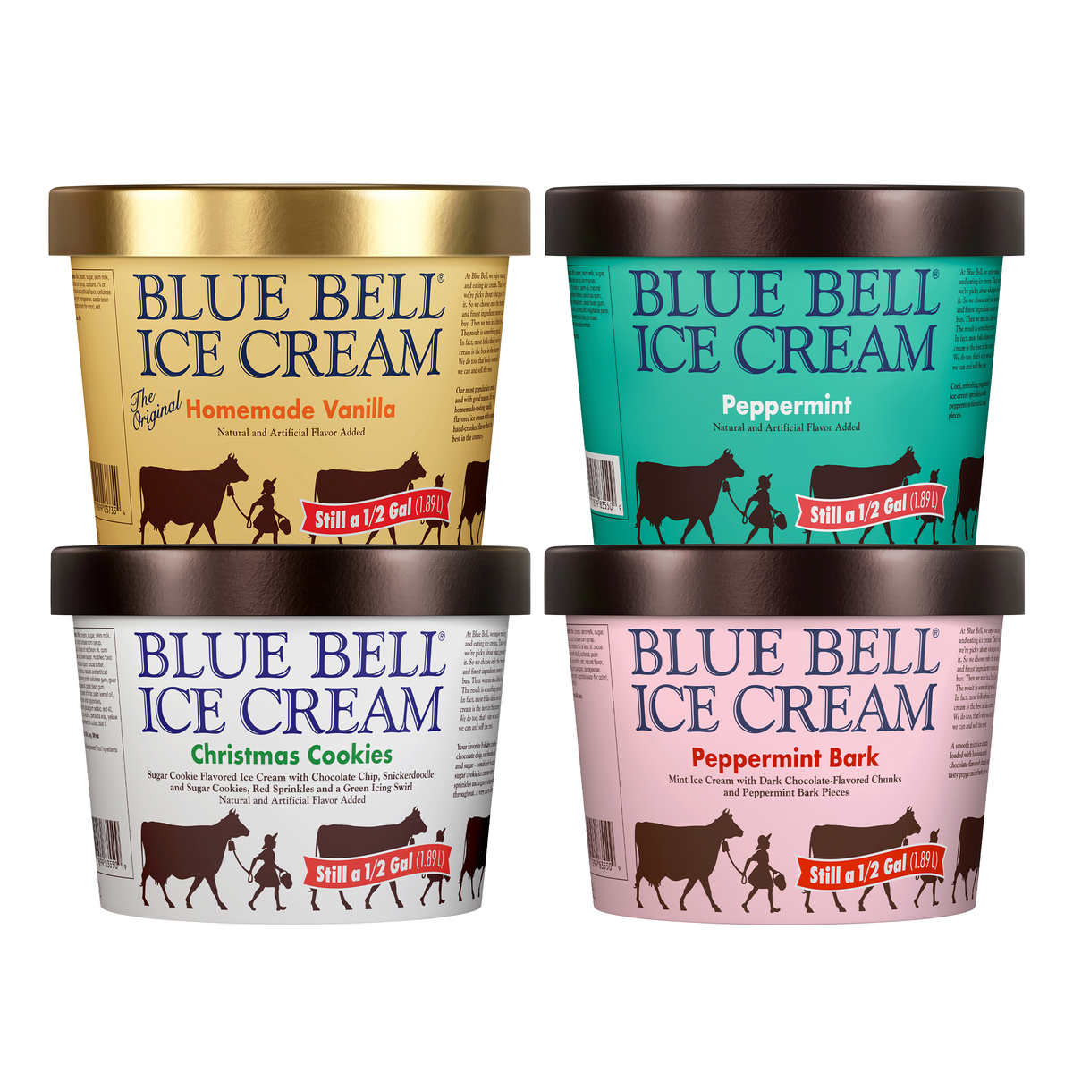 Four Blue Bell Ice Cream tubs arranged in a 2x2 grid on a white background. The top-left tub is Vanilla with a gold lid, the top-right is Peppermint with a teal carton, the bottom-left is Christmas Cookies with a white carton, and the bottom-right is Peppermint Bark with a pink carton.