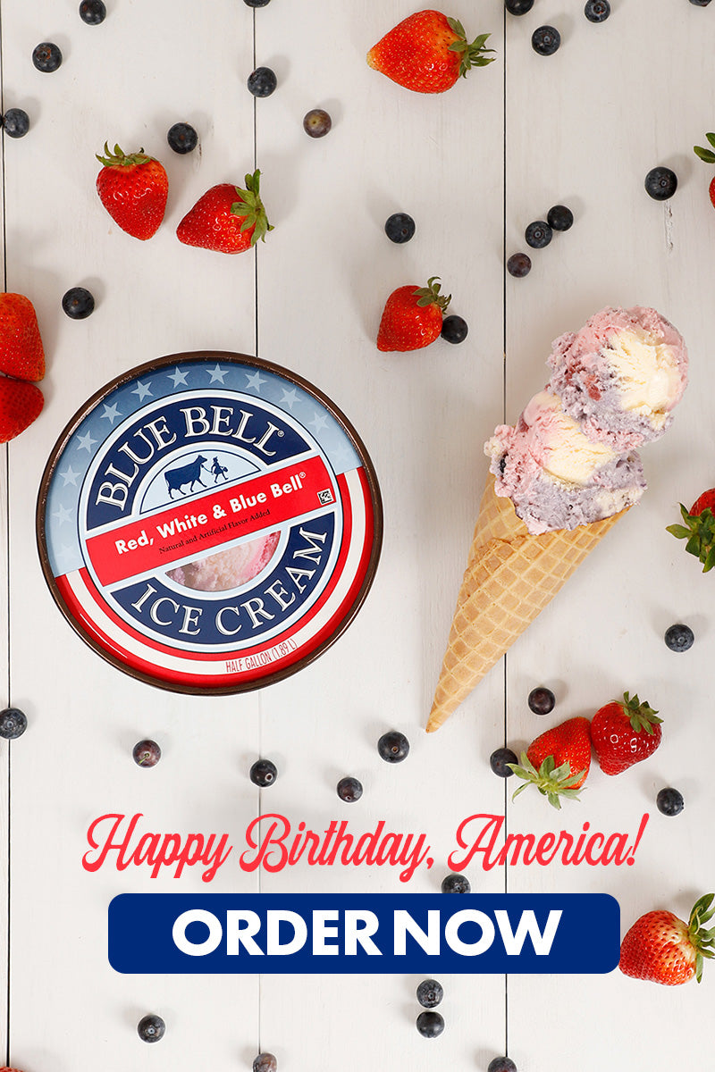 Blue Bell Red, White and Blue Bell Ice Cream container with ice cream cone, berries, and 'Happy Birthday, America!' text on a white background.