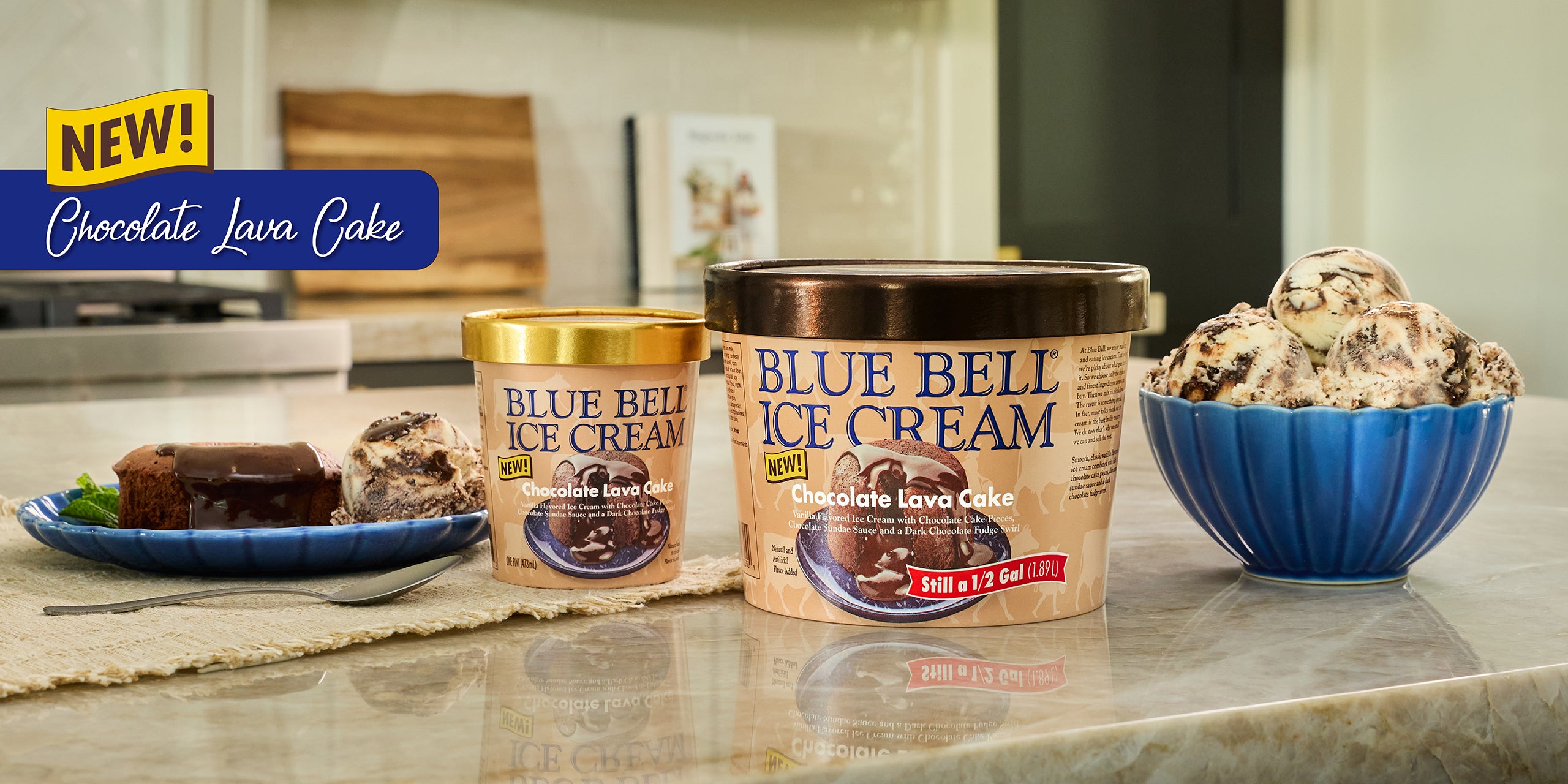 New Blue Bell Chocolate Lava Cake Ice Cream Half Gallons in Pints in kitchen scene with lava cake and a bowl of ice cream