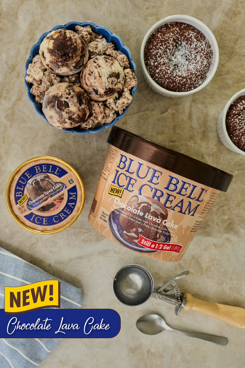 New Blue Bell Chocolate Lava Cake Ice Cream Half Gallons in Pints on kitchen counter with lava cake and a bowl of ice cream