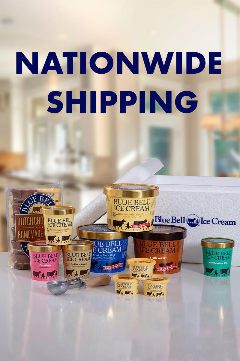 Assorted Blue Bell ice cream containers on a reflective surface with 'Nationwide Shipping' text above.