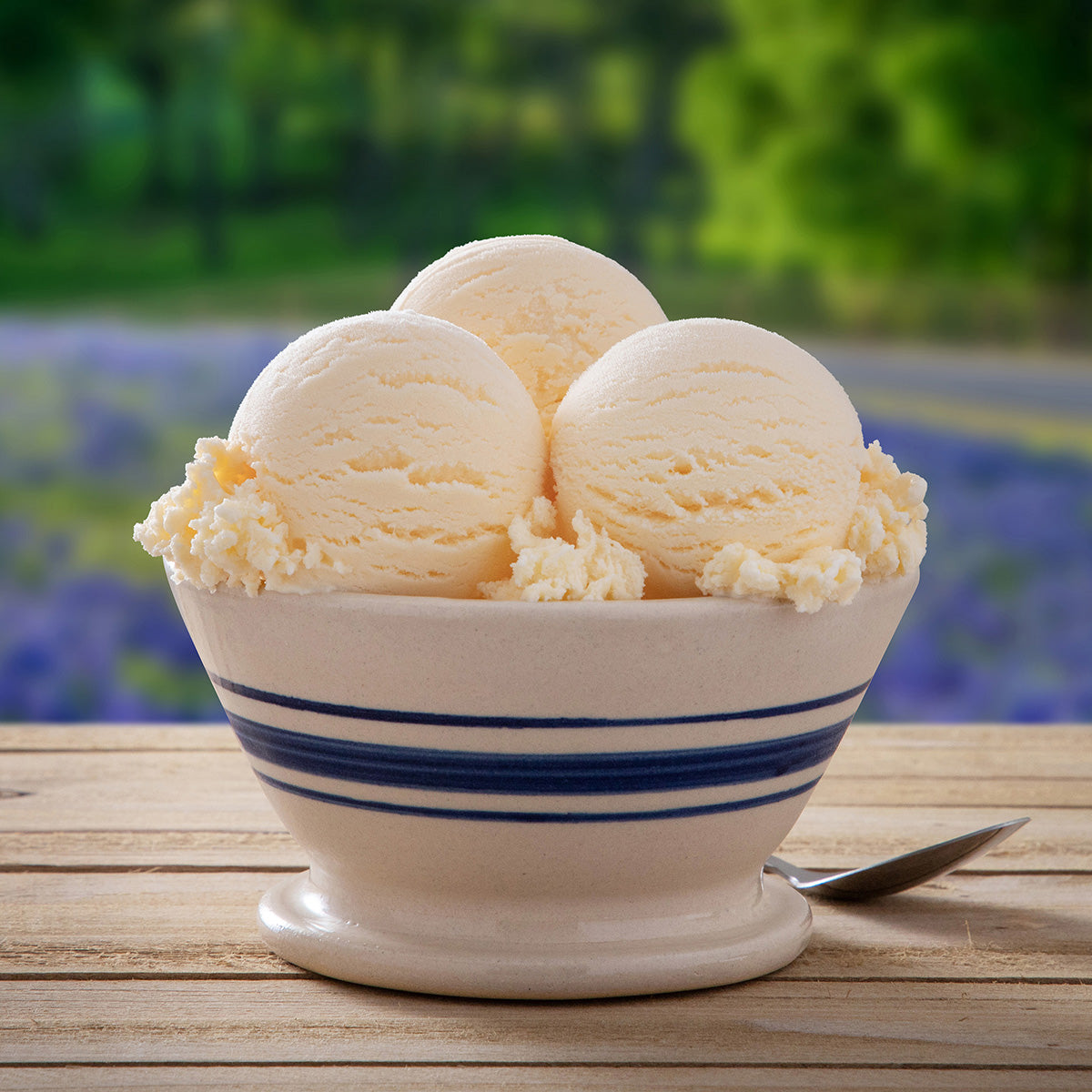 Bowl of Blue Bell  No Sugar Added Country Vanilla Ice Cream with a spoon on a wooden table and bluebonnet flowers in the background. 