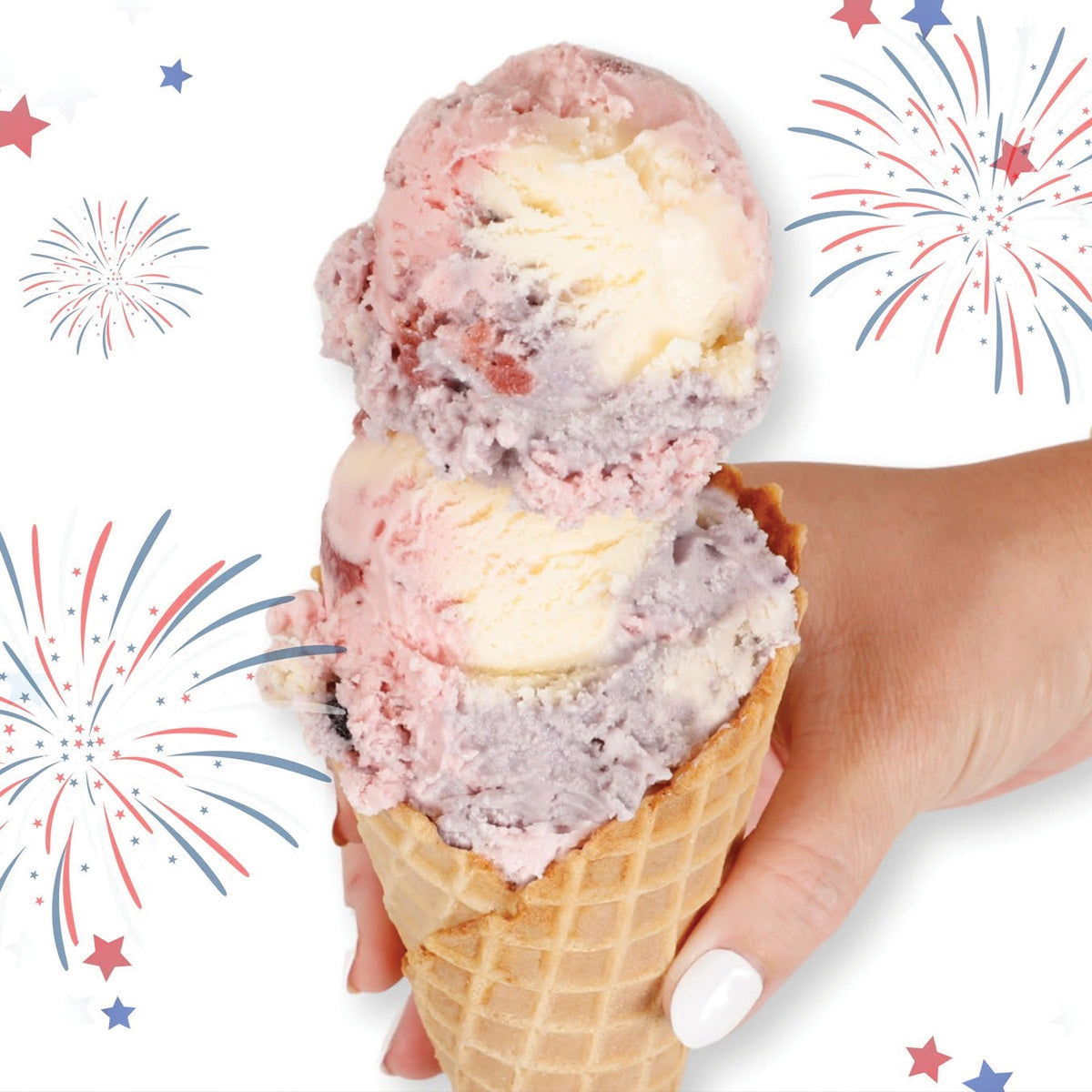Hand holding an ice cream cone with scoops of Blue Bell Red, White and Blue Bell Ice Cream on a white background with patriotic firework illustrations. 