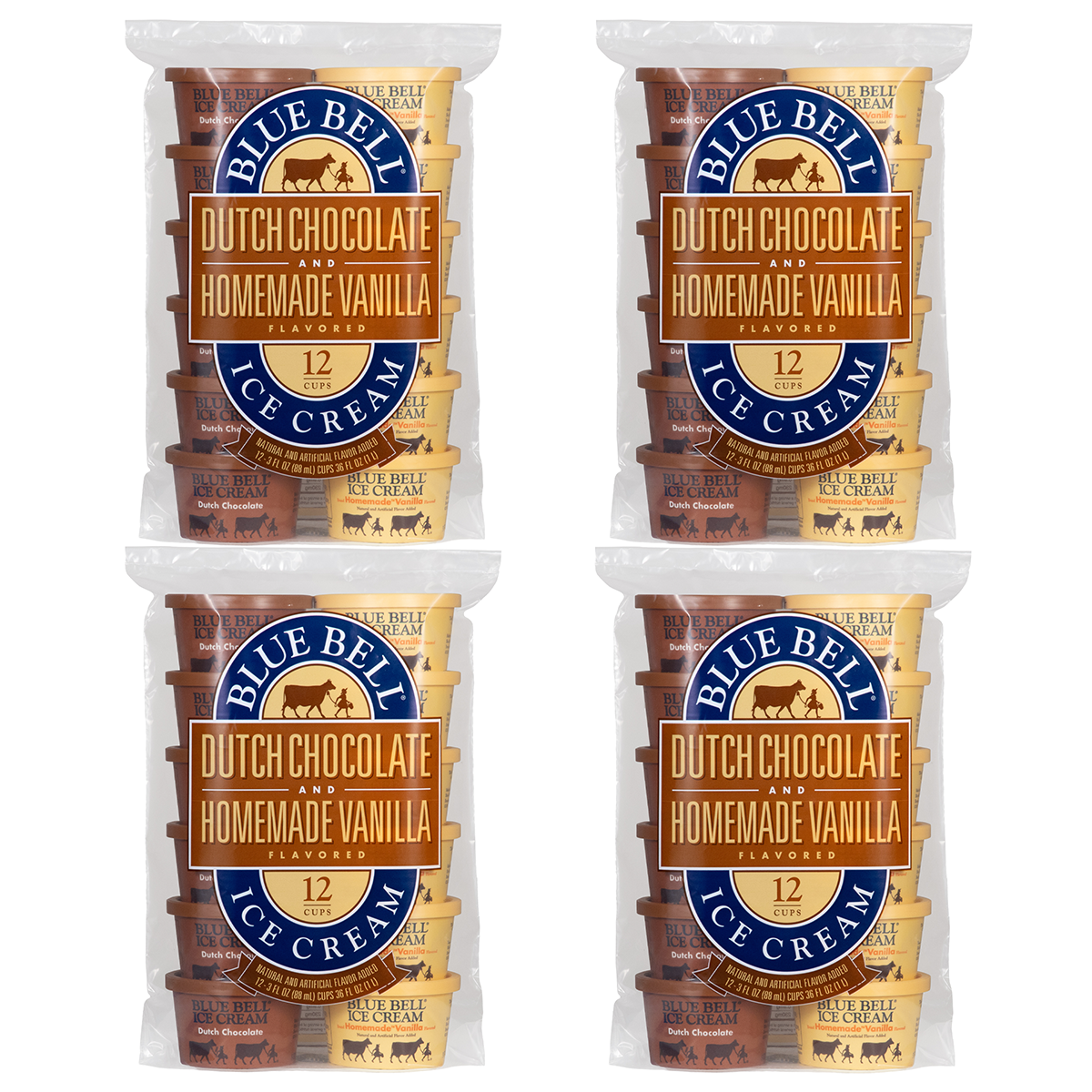Four packages of Blue Bell twelve count Dutch Chocolate and Homemade Vanilla ice cream cups