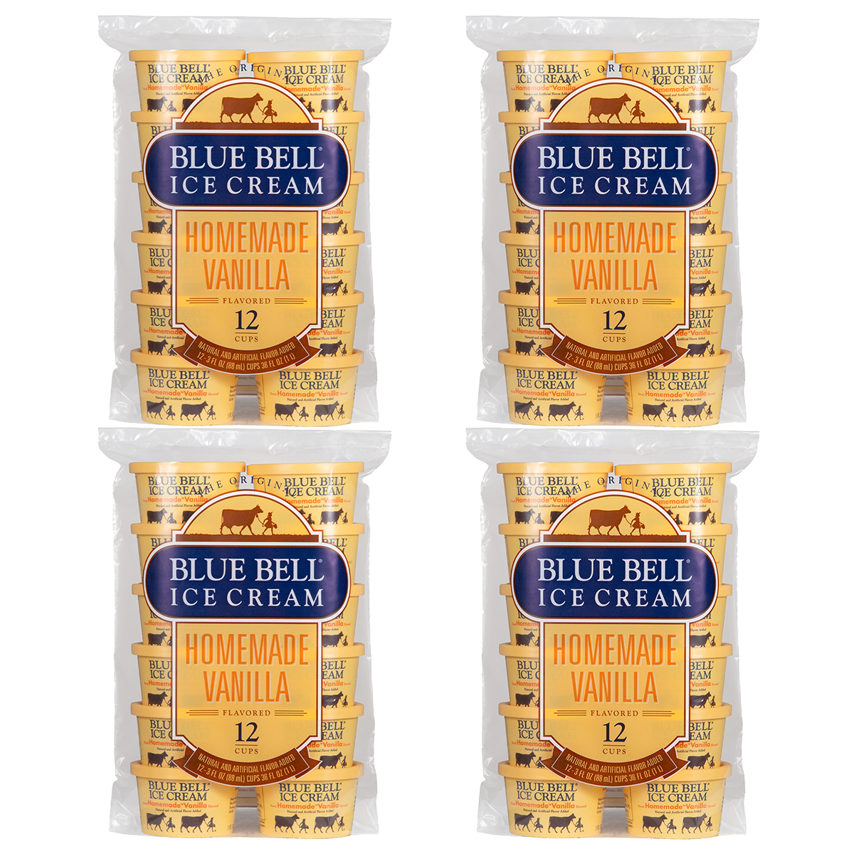 Four packages of Blue Bell twelve count Homemade Vanilla ice cream cups
