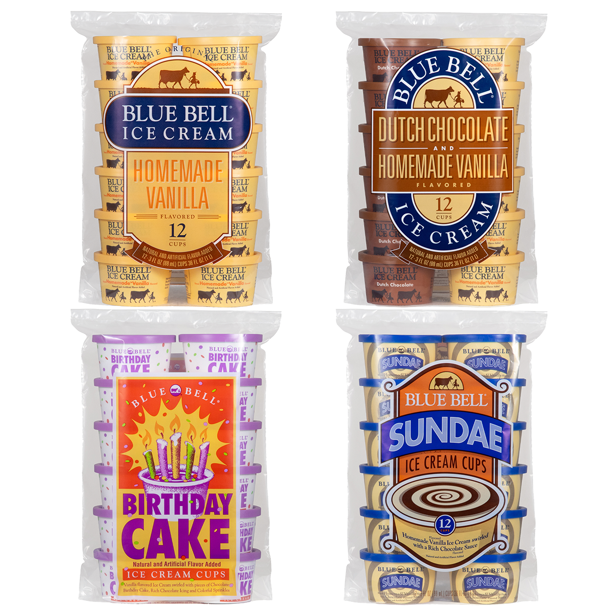 Four packages of Blue Bell ice cream twelve count cups in Homemade Vanilla Birthday Cake Dutch Chocolate and Homemade Vanilla and Sundae