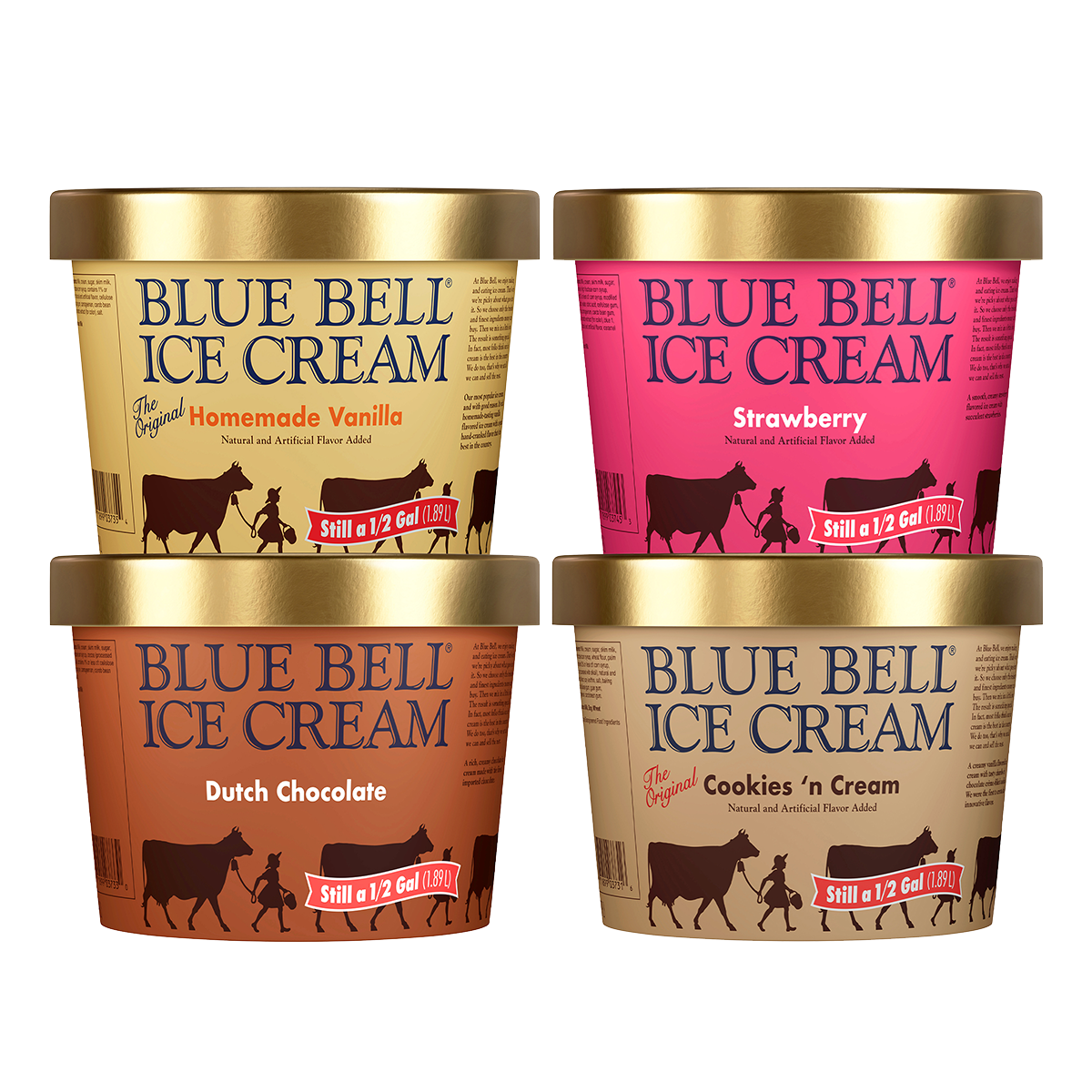 Four containers of Blue Bell Ice Cream in Homemade Vanilla Strawberry Dutch Chocolate and Cookies n Cream Flavors
