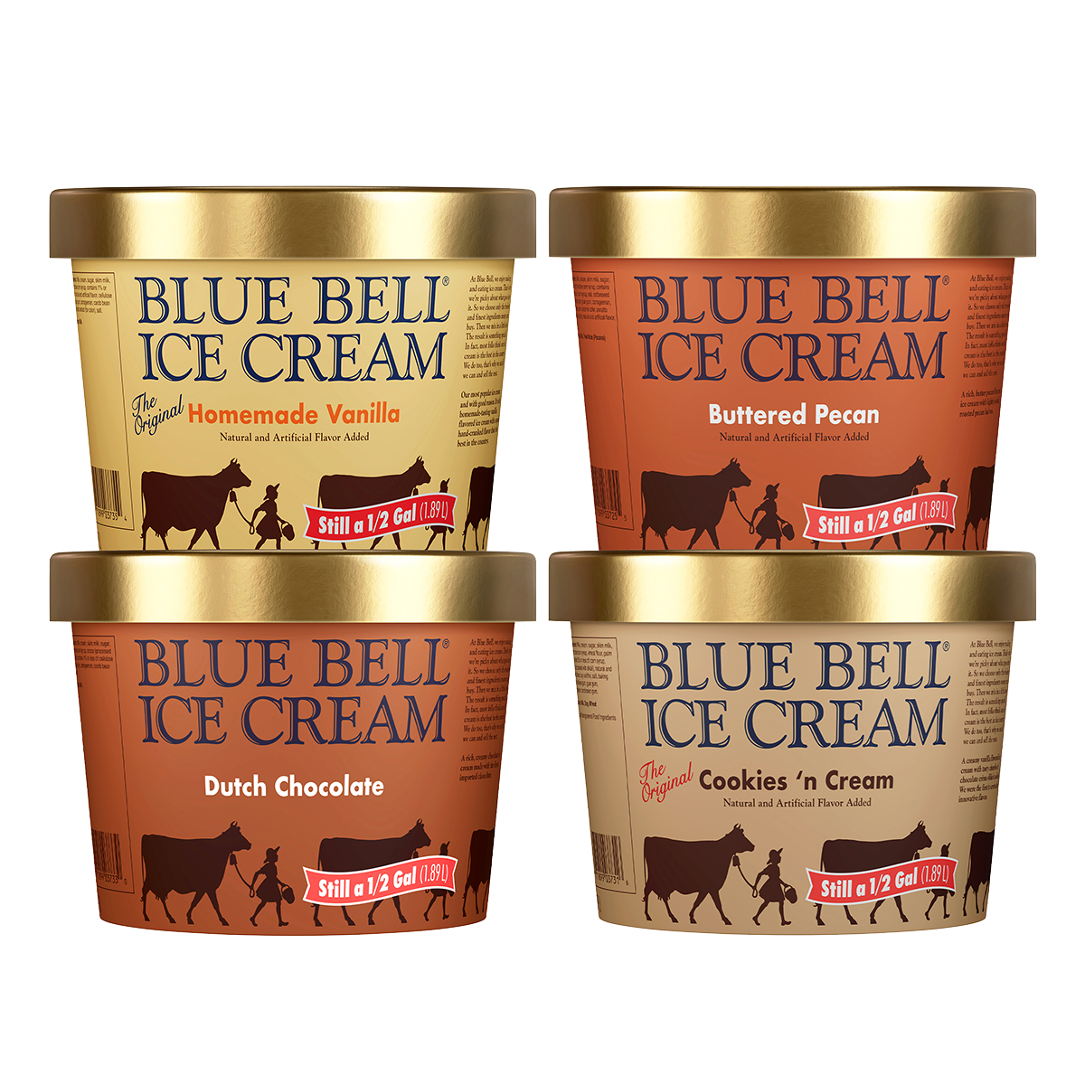 Four containers of Blue Bell Ice Cream in Homemade Vanilla Buttered Pecan Dutch Chocolate and Cookies n Cream Flavors