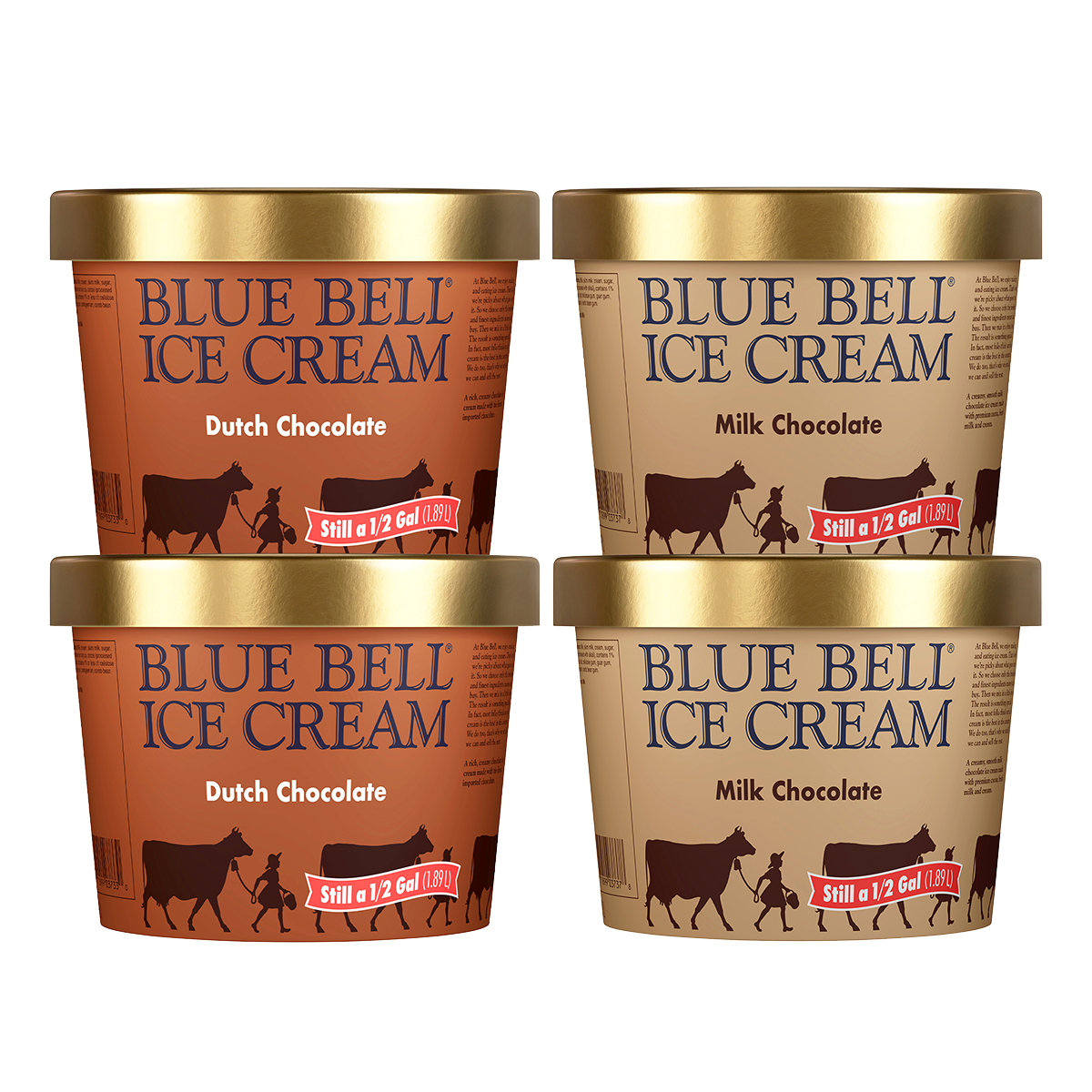 Four containers of Blue Bell Ice Cream in Dutch Chocolate and Milk Chocolate flavors