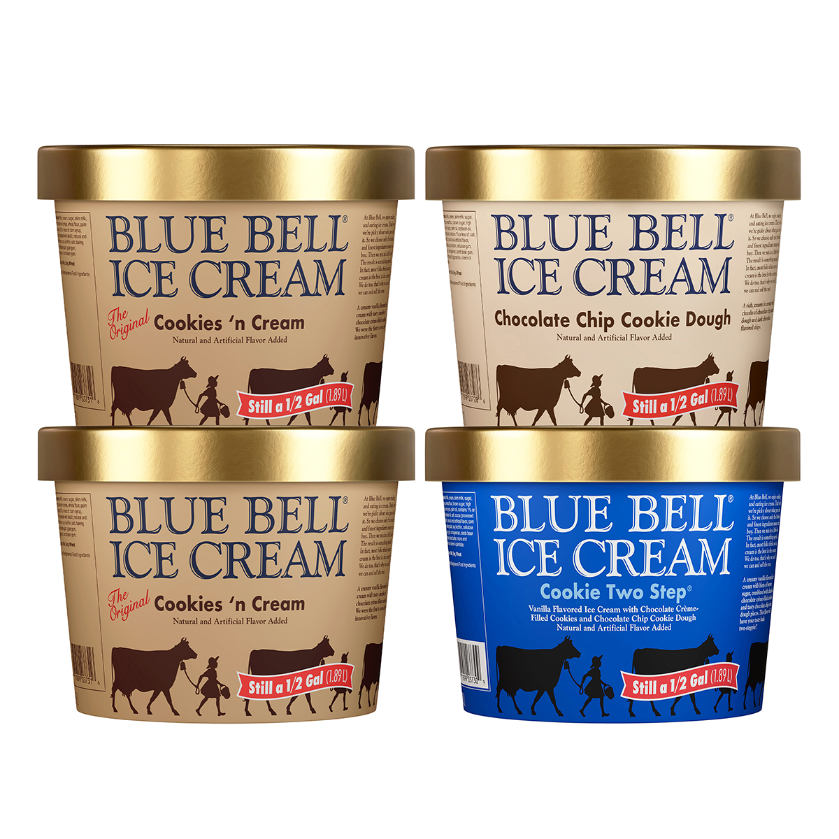 Four containers of Blue Bell Ice Cream in Cookies n Cream Chocolate Chip Cookie Dough and Cookie Two Step Flavors