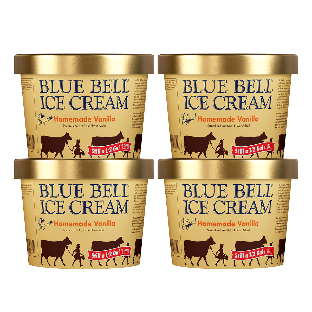 Four containers of Blue Bell Ice Cream Homemade Vanilla Half Gallons