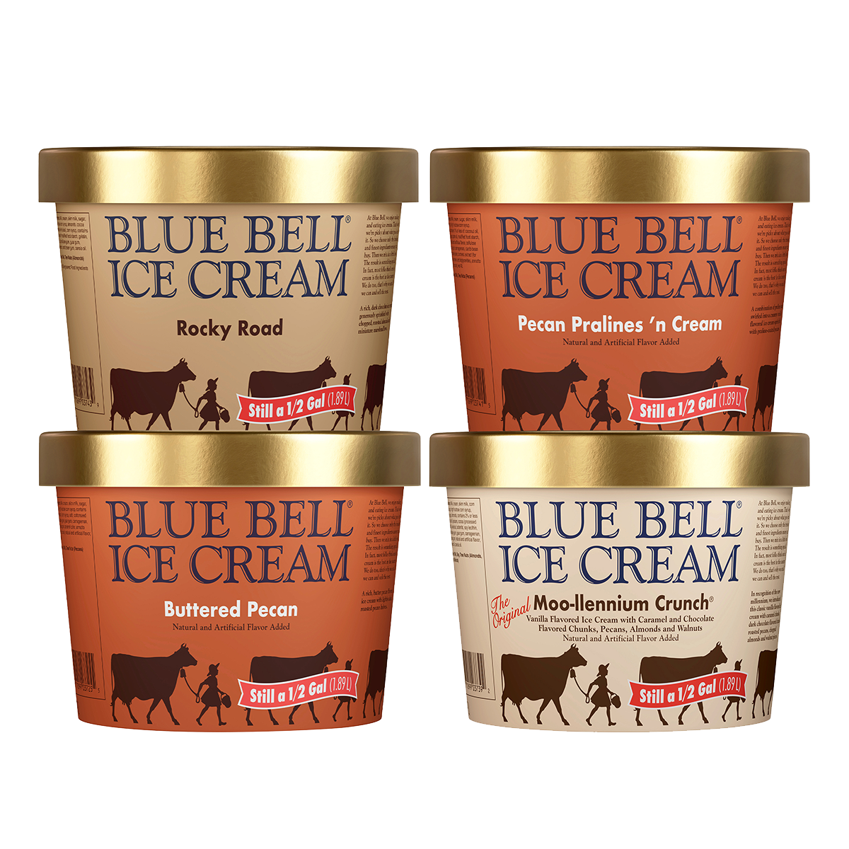 Four containers of Blue Bell Ice Cream in Rocky Road Buttered Pecan Pecan Pralines n Cream and Moo llennium Crunch flavors