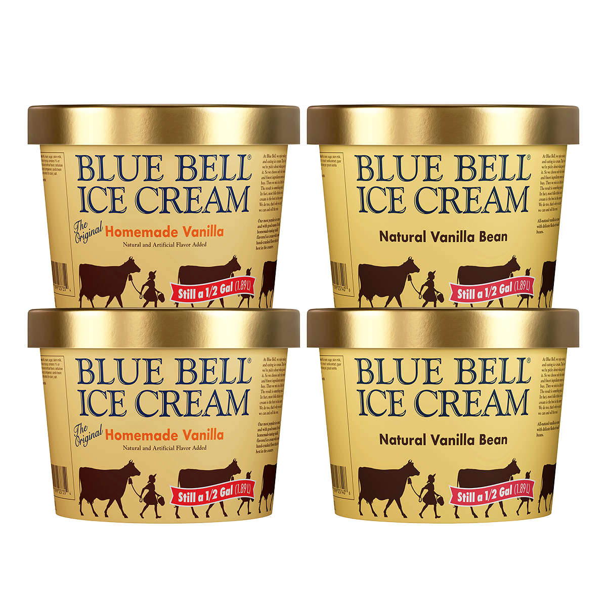 Four containers of Blue Bell Ice Cream in Homemade Vanilla and Natural Vanilla Bean Flavors