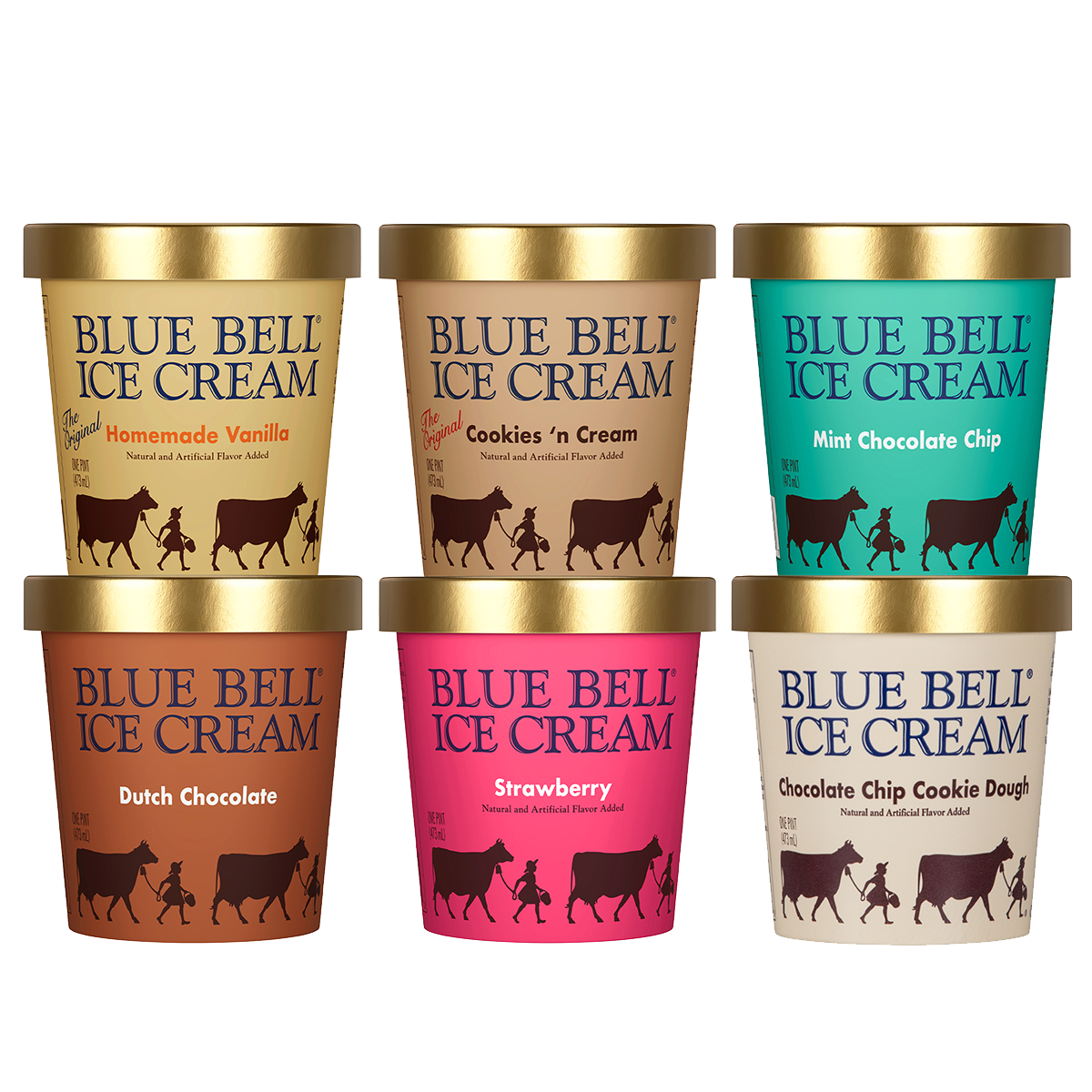 Six containers of Blue Bell Ice Cream in Homemade Vanilla Dutch Chocolate Cookies n Cream Strawberry Minto Chocolate Chip and Chocolate Chip Cookie Dough flavors