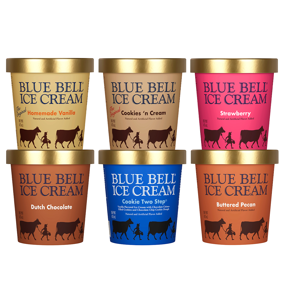 Six containers of Blue Bell Ice Cream in in Homemade Vanilla Dutch Chocolate Cookies n Cream Cookie Two Step Strawberry and Buttered Pecan flavors