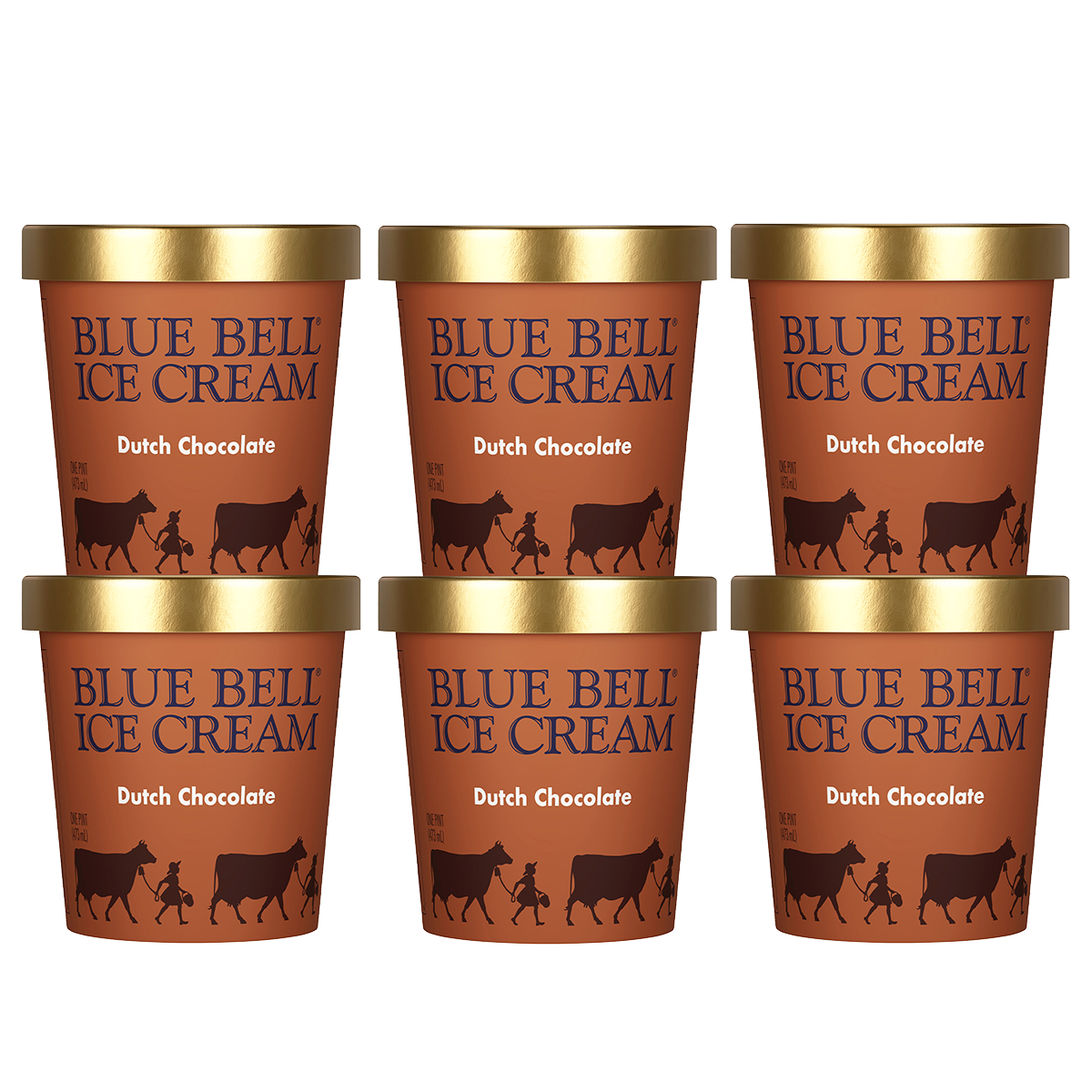 Six containers of Blue Bell Dutch Chocolate ice cream