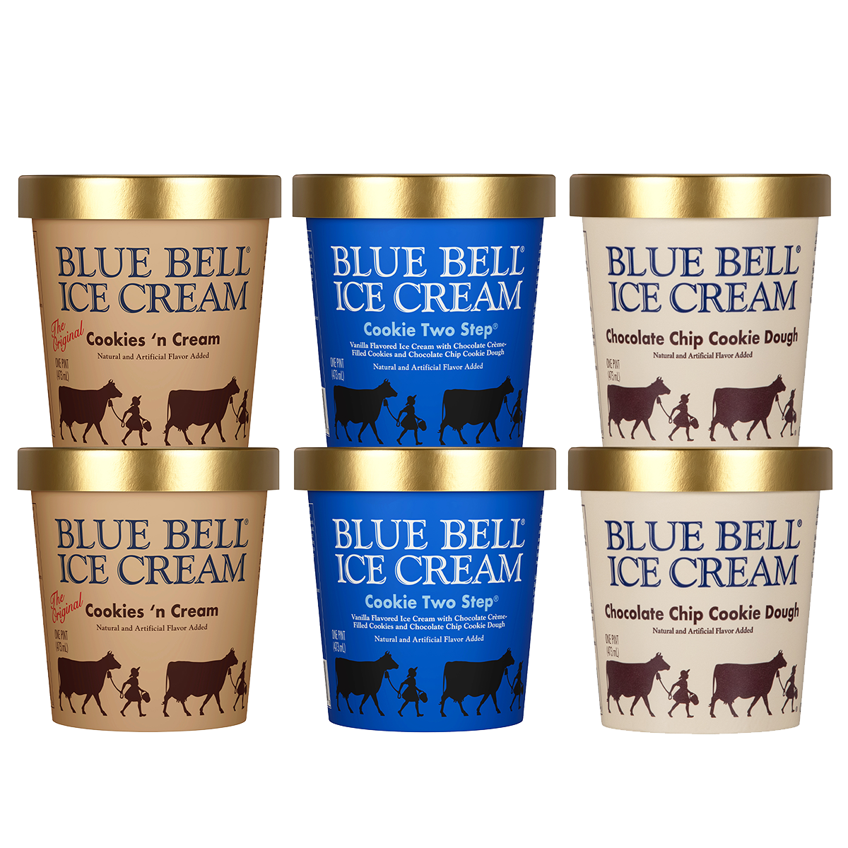 Six containers of Blue Bell Ice Cream in Cookies n Cream Cookie Two Step and Chocolate Chip Cookie Dough