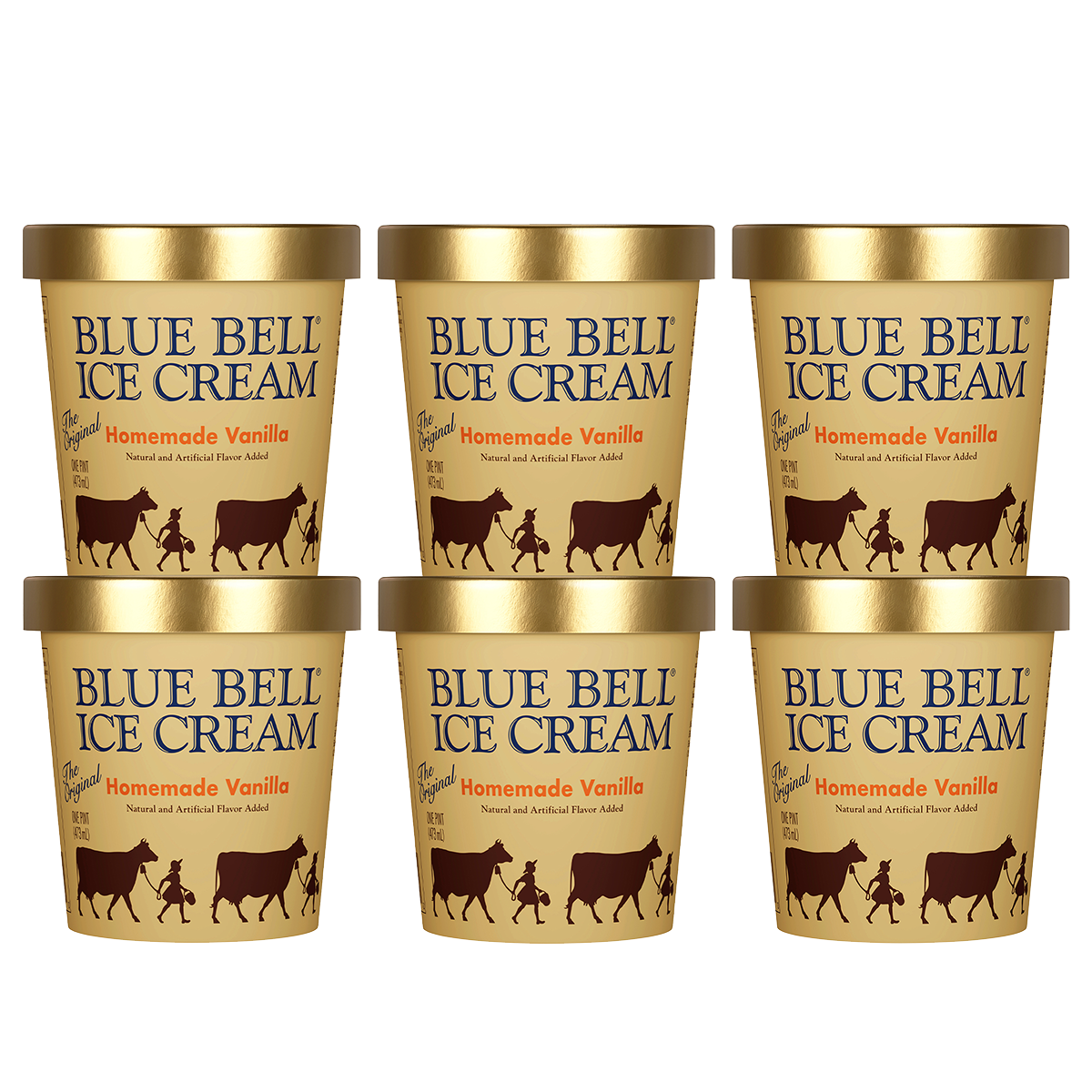 Six containers of Blue Bell Homemade Vanilla ice cream