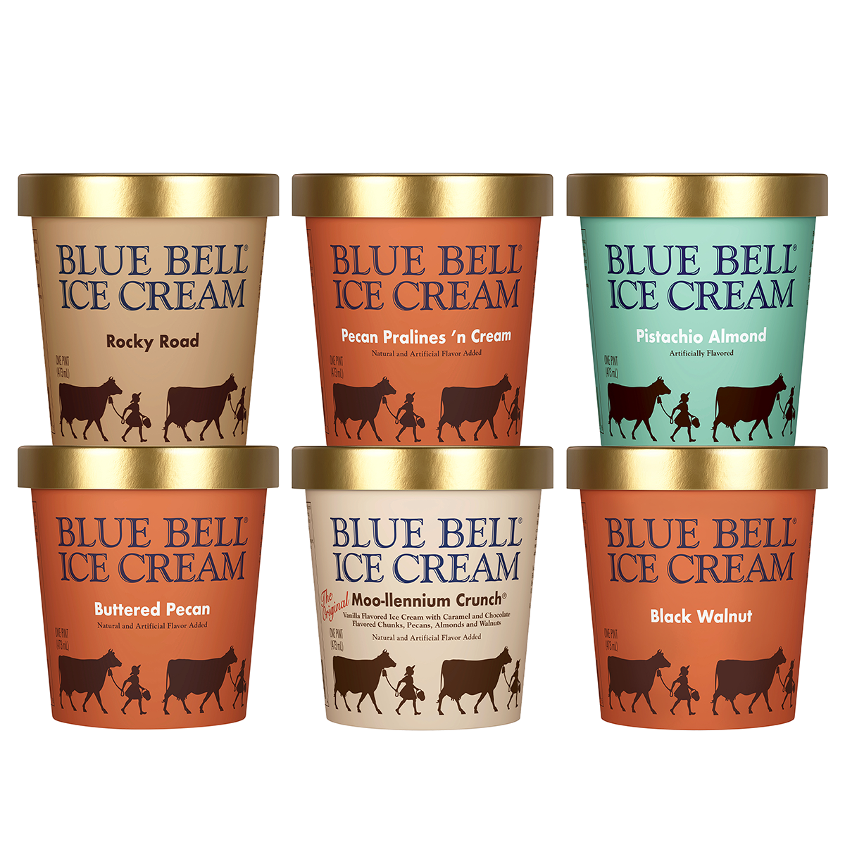 Six containers of Blue Bell Ice Cream in Rocky Road Buttered Pecan Pecan Pralines n Cream Moo llennium Crunch Pistachio Almond and Black Walnut flavors
