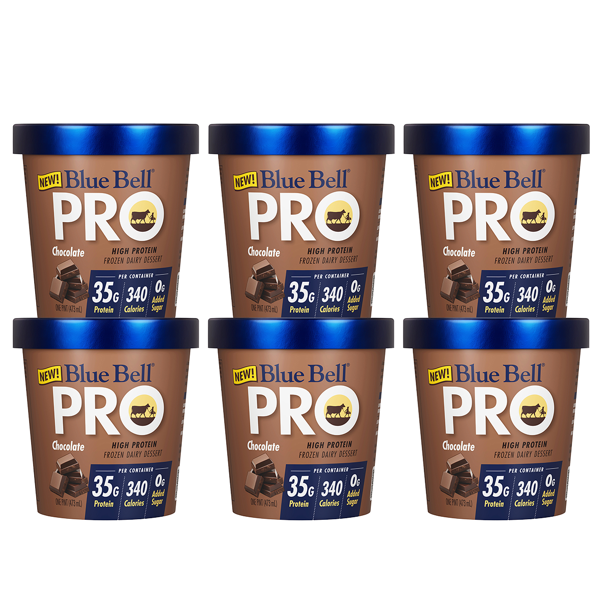 Six containers of Blue Bell PRO Chocolate High Protein Frozen Dairy Dessert 