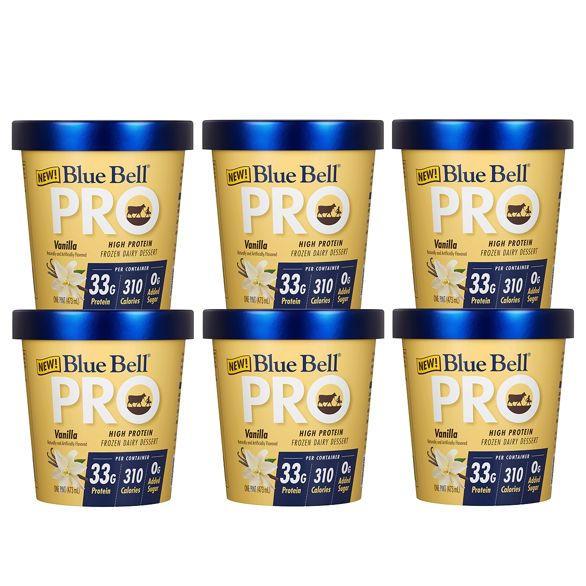Six containers of Blue Bell PRO Vanilla high protein frozen dairy dessert