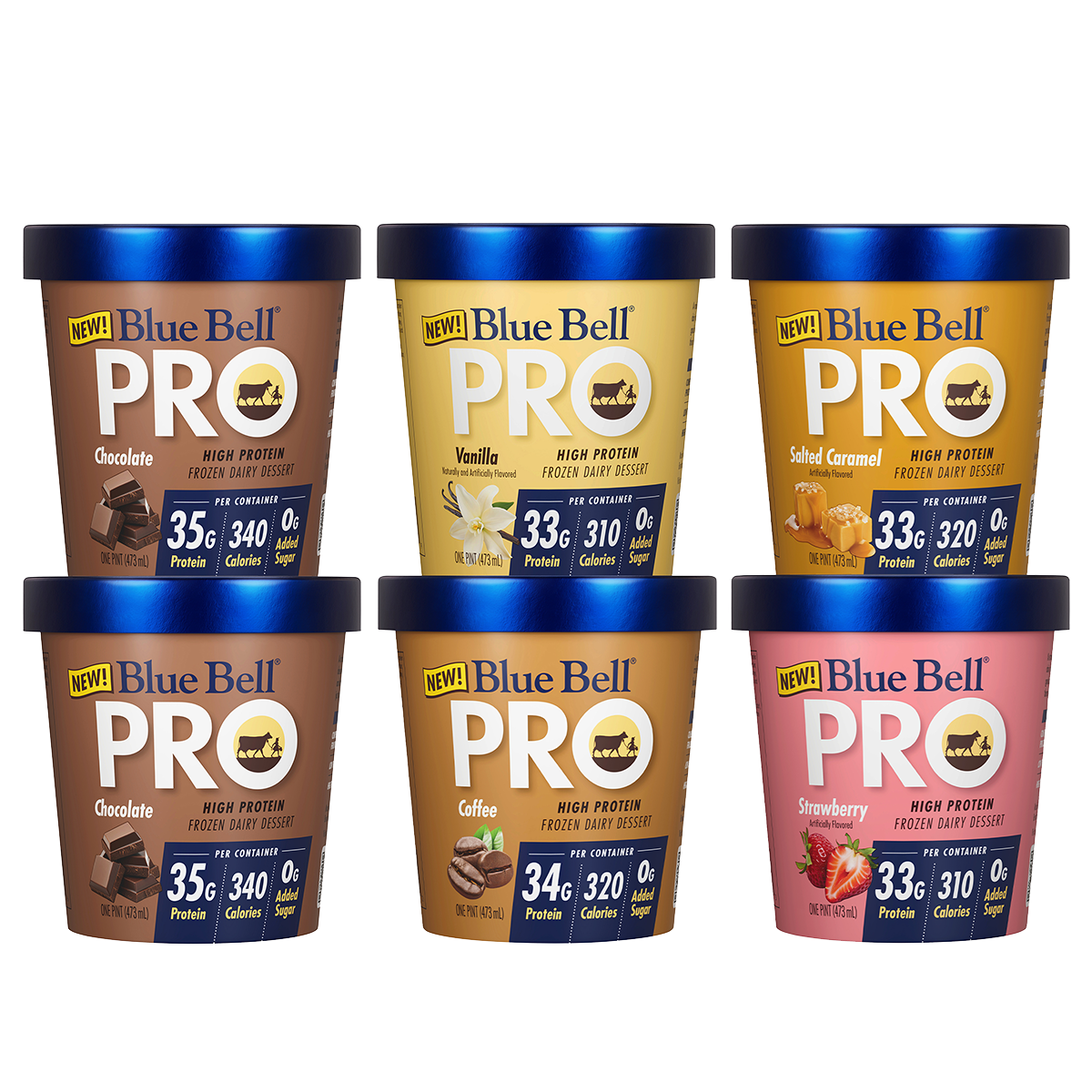 Six containers of Blue Bell PRO High Protein Frozen Dairy Dessert in Chocolate Vanilla Coffee Salted Caramel and Strawberry flavors 

