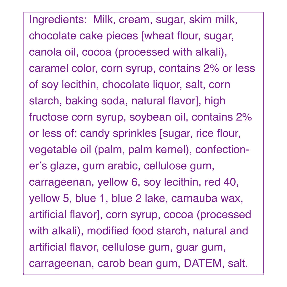 Blue Bell Birthday Cake Ice Cream Ice Cream Cups Ingredient Listing and Allergens stating 'Contains: Milk, Soy, Wheat.'