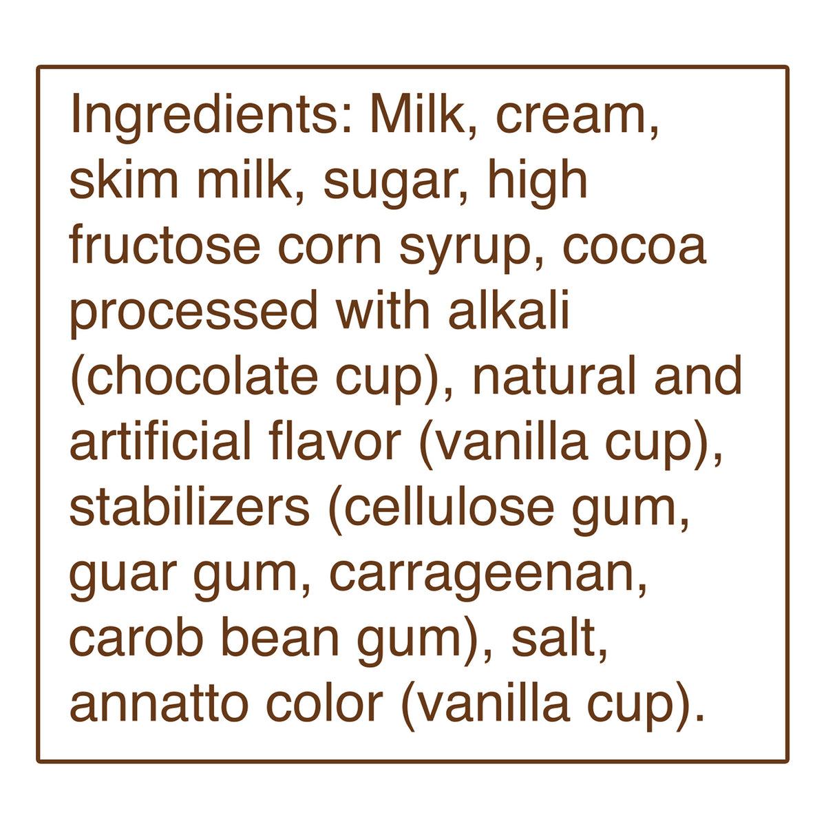 Blue Bell Dutch Chocolate and Homemade Vanilla Ice Cream Ice Cream Cups Ingredient Listing and Allergens stating 'Contains: Milk.'