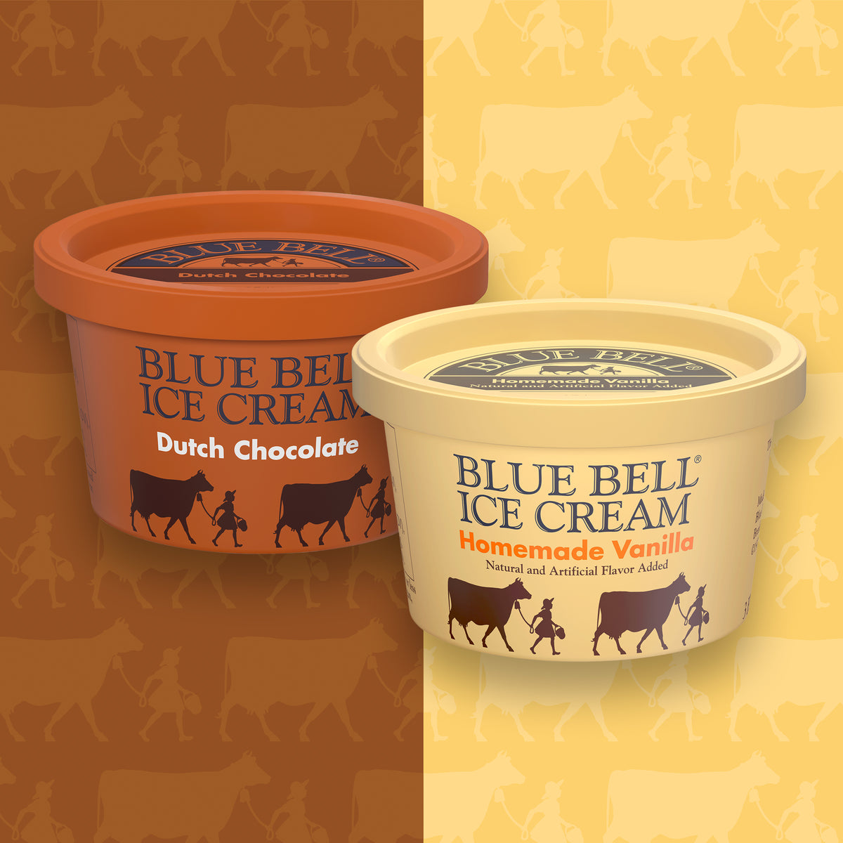 Two Blue Bell Ice Cream cups shown side by side on a split brown and yellow background with cow silhouettes. The left cup is Dutch Chocolate flavor and contains chocolate ice cream, while the right cup is Homemade Vanilla flavor and contains vanilla ice cream.