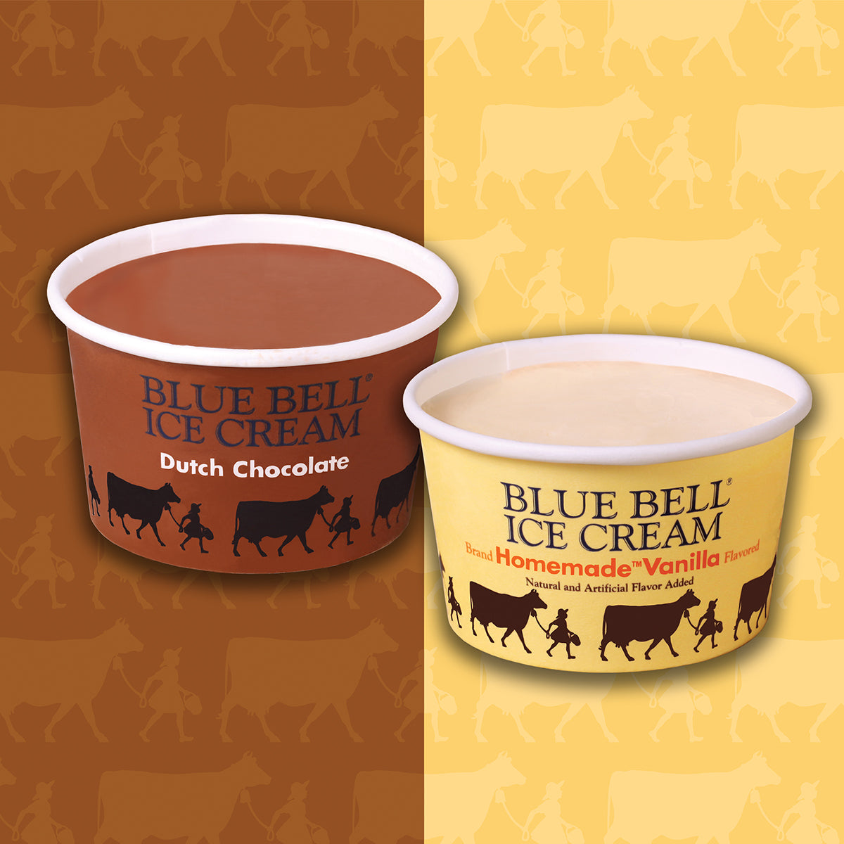 Two Blue Bell Ice Cream cups shown side by side on a split brown and yellow background with cow silhouettes. The left cup is Dutch Chocolate flavor and contains chocolate ice cream, while the right cup is Homemade Vanilla flavor and contains vanilla ice cream.