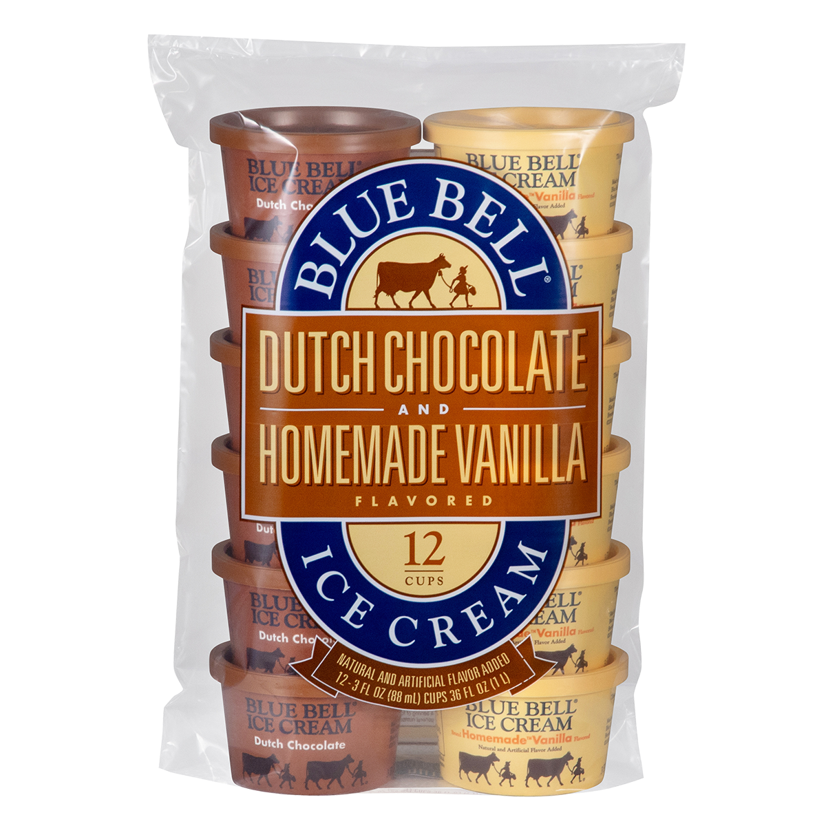 Bag of six Blue Bell Dutch Chocolate ice cream cups and six Homemade Vanilla ice cream cups
