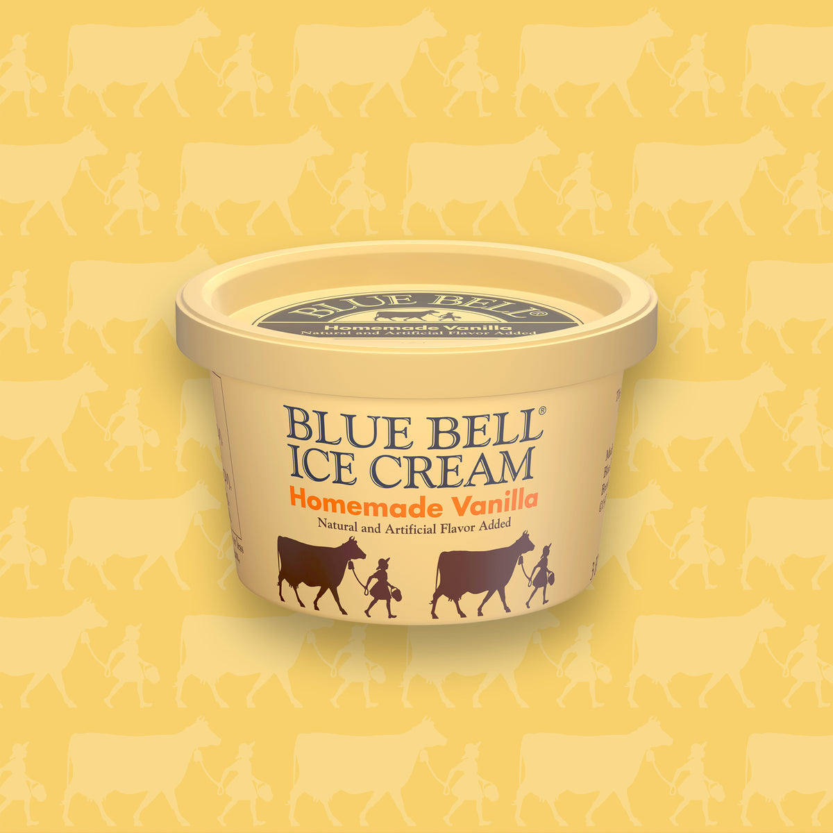 A cup of Blue Bell Homemade Vanilla Vanilla ice cream cup with a yellow carton featuring cow and girl silhouettes, set against a matching yellow background with a subtle cow and girl pattern.