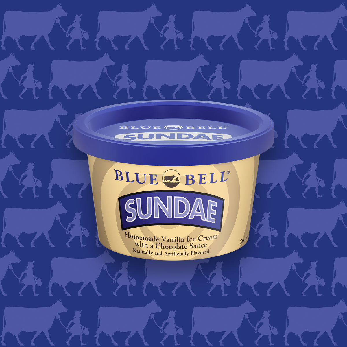 A Blue Bell Sundae cup set against a blue background patterned with cow and girl silhouettes.