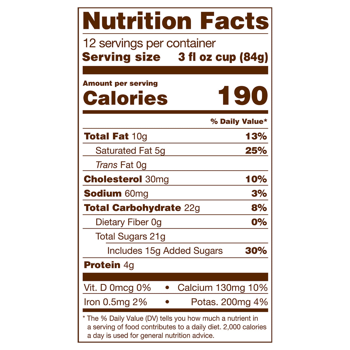 Blue Bell Sundae Ice Cream Ice Cream Cups Nutrition Facts label showing a serving size of 3 fl oz cup (84g) with 190 calories, listing nutrients such as total fat, cholesterol, sodium, and protein per serving.