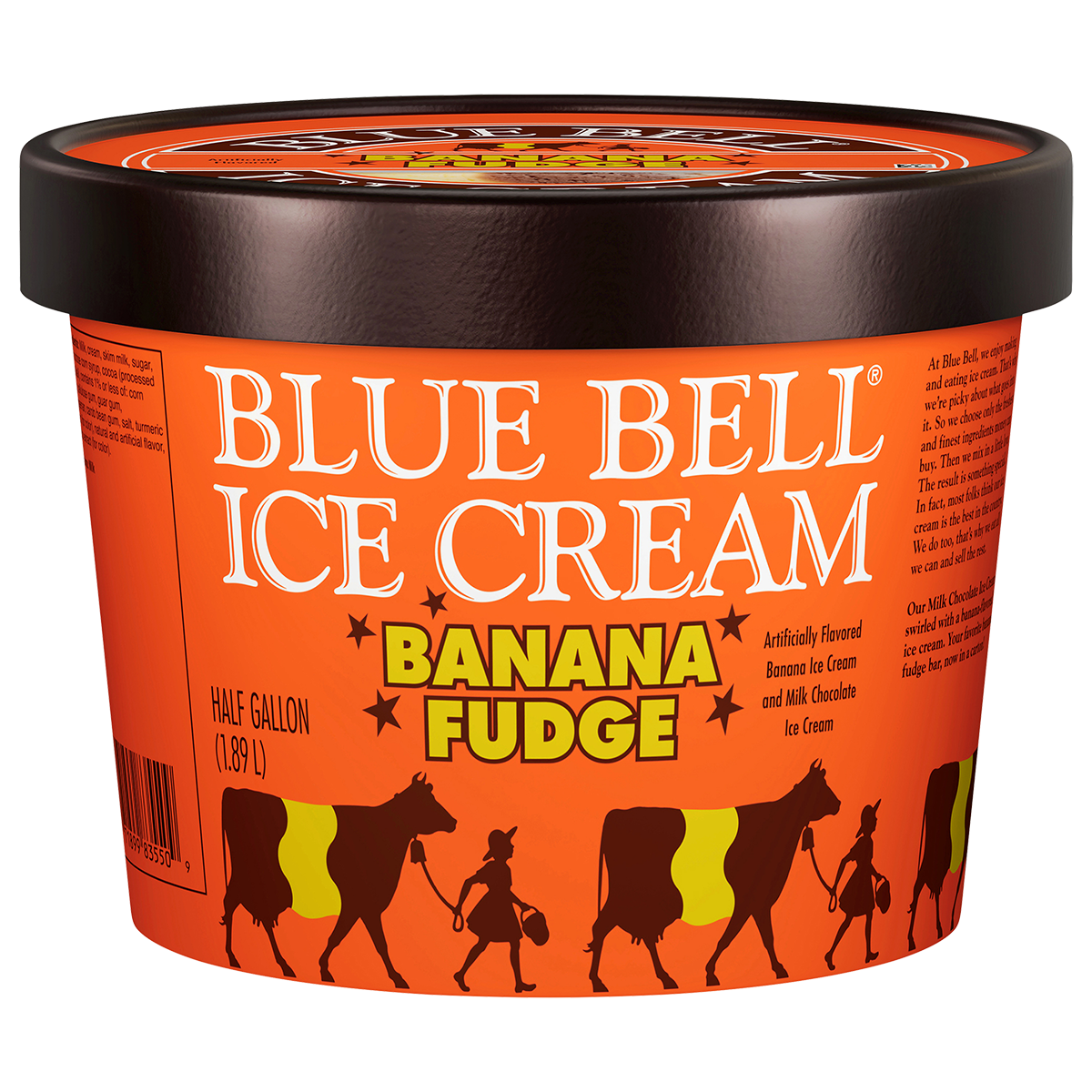 Half gallon of Blue Bell Banana Fudge ice cream in orange carton with stars with brown lid 