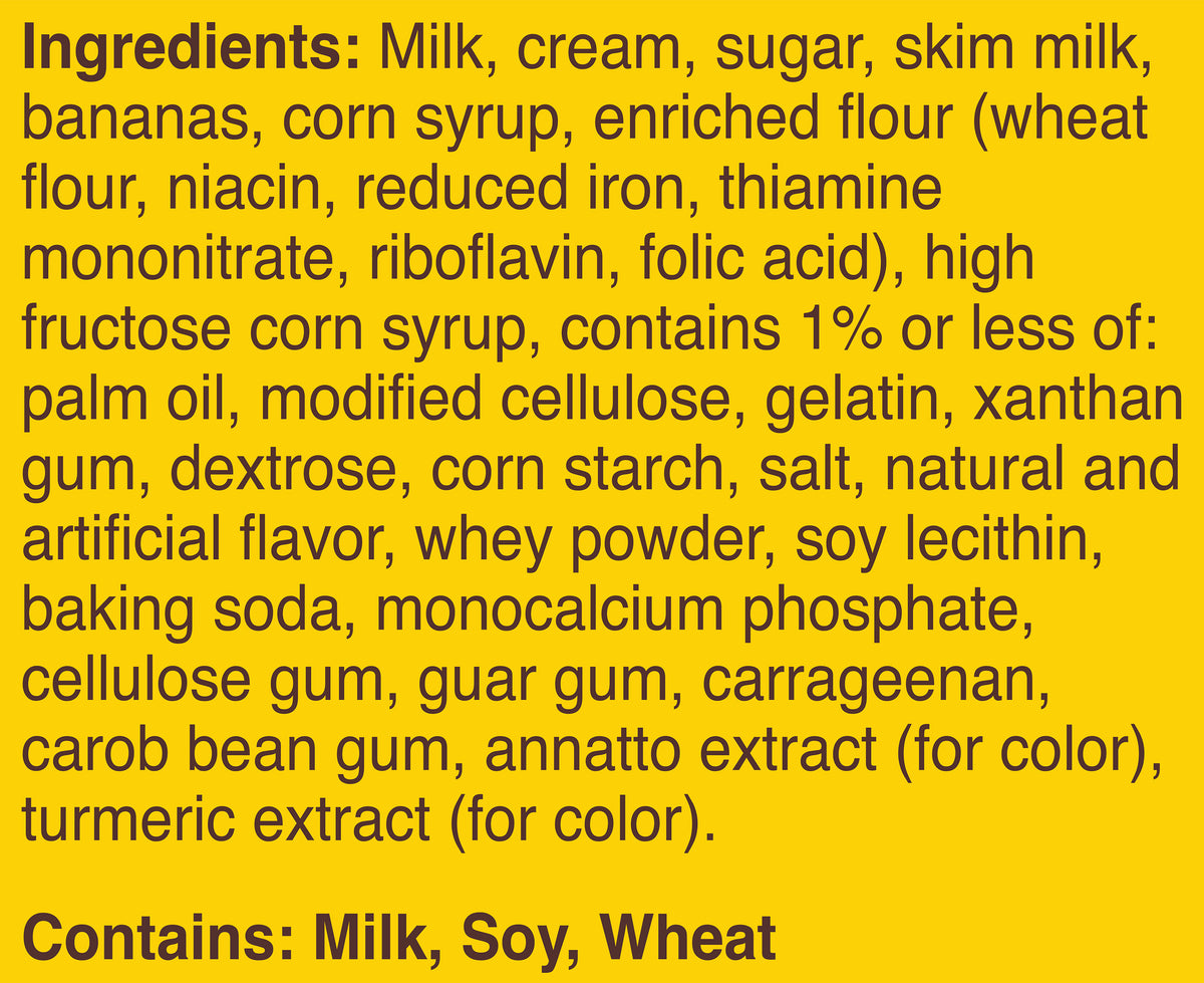 Blue Bell Banana Pudding Ice Cream Half Gallons Ingredient Listing and Allergens stating 'Contains: Milk, Soy, Wheat.'