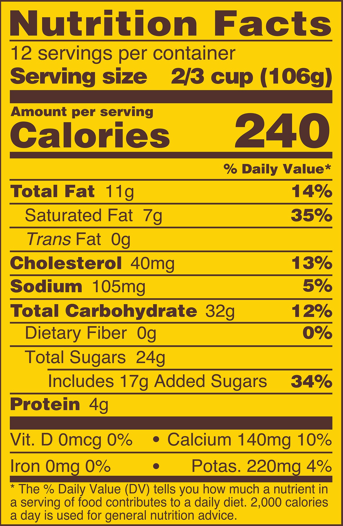 Blue Bell Banana Pudding Ice Cream Half Gallons Nutrition Facts label showing a serving size of 2/3 cup (106g) with 240 calories, listing nutrients such as total fat, cholesterol, sodium, and protein per serving