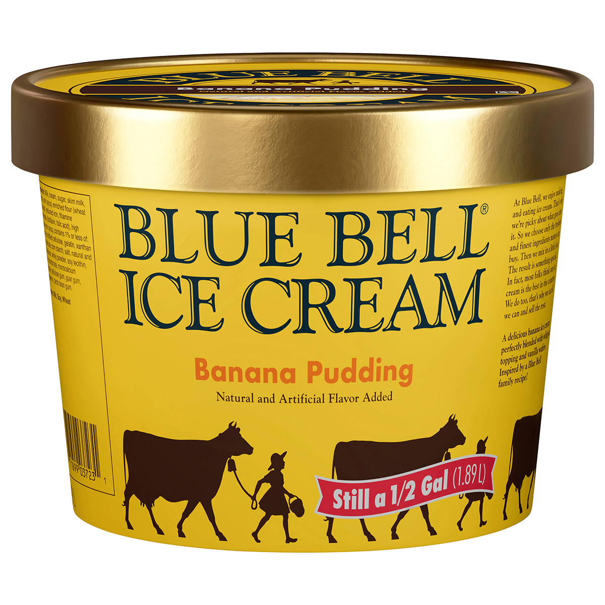 Half Gallon of Blue Bell Banana Pudding Ice Cream in Yellow Carton and Gold Lid