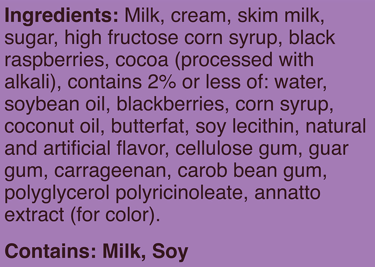 Blue Bell Black Raspberry Fudge Ice Cream Half Gallons Ingredient Listing and Allergens stating 'Contains: Milk, Soy.'