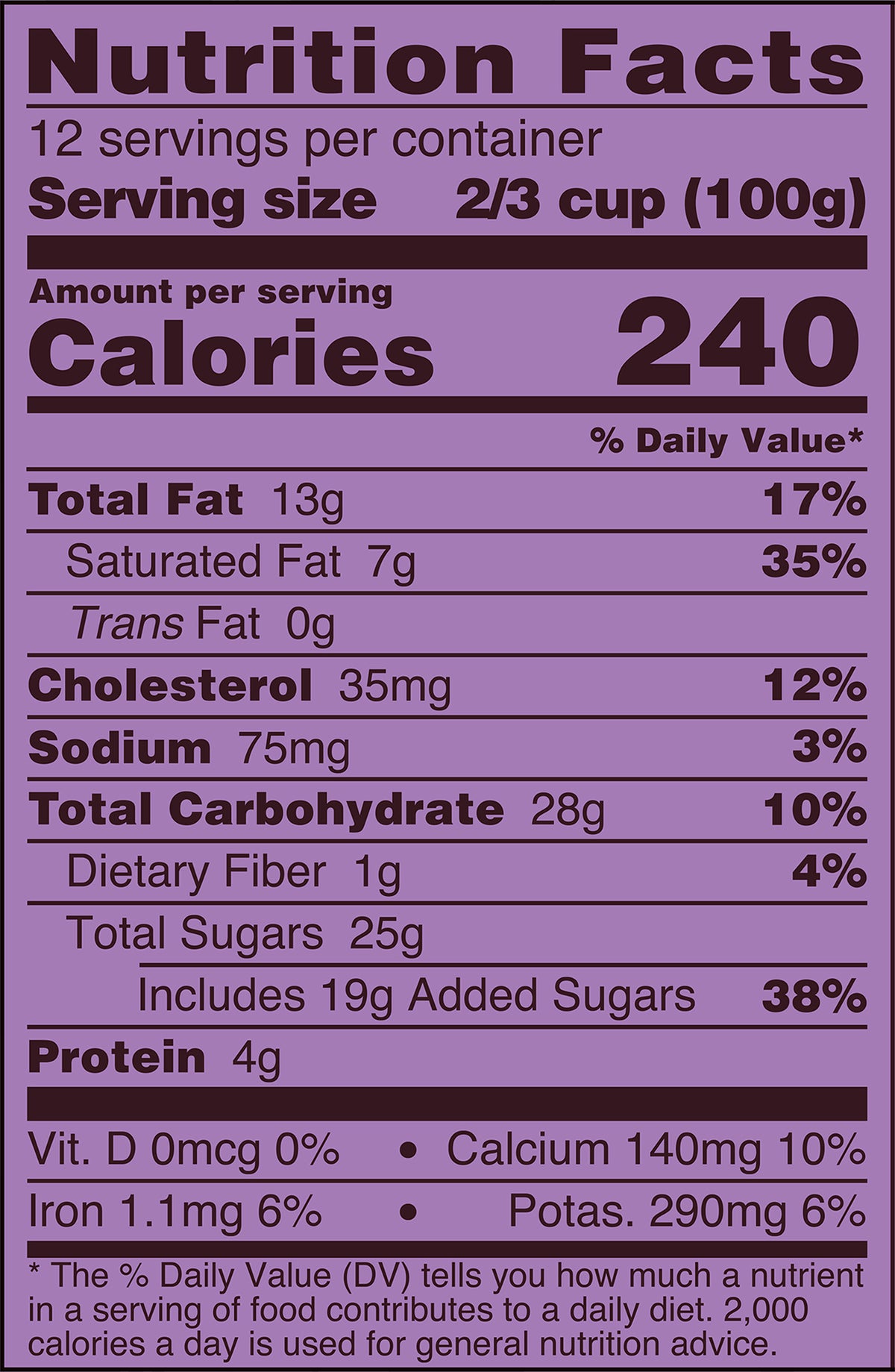 Blue Bell Black Raspberry Fudge Ice Cream Half Gallons Nutrition Facts label showing a serving size of 2/3 cup (110g) with 240 calories, listing nutrients such as total fat, cholesterol, sodium, and protein per serving.