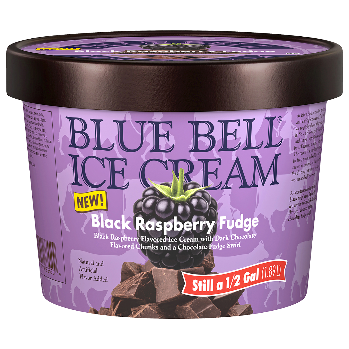 Half gallon of Blue Bell Black Raspberry Fudge Ice Cream in a purple carton with black raspberry and chocolate chunks