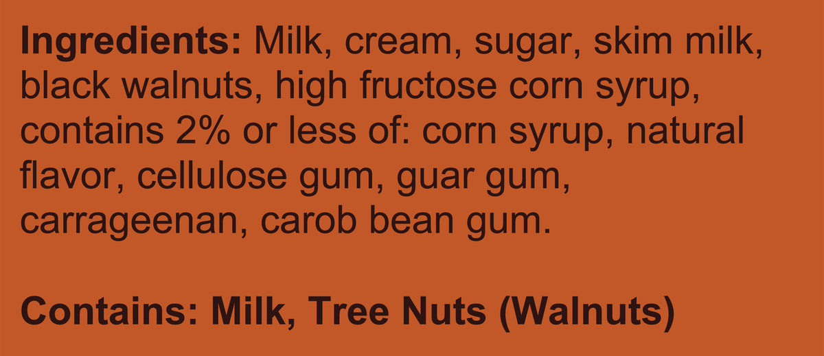 Blue Bell Black Walnut Ice Cream Half Gallons Ingredient Listing and Allergens stating 'Contains: Milk, Tree Nuts (Walnuts).'