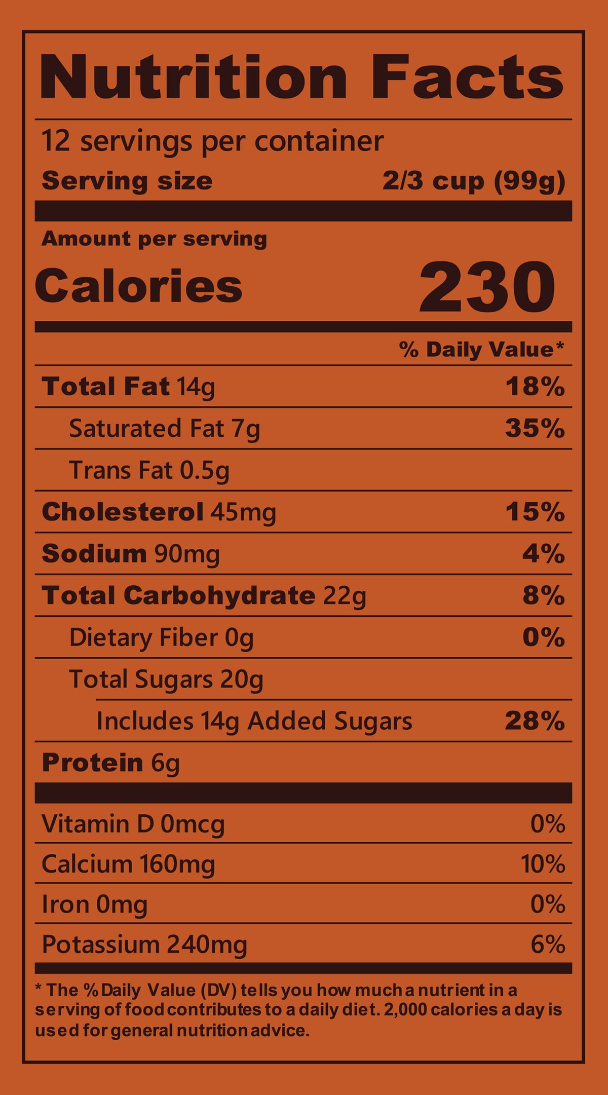 Blue Bell Black Walnut Ice Cream Half Gallons Nutrition Facts label showing a serving size of 2/3 cup (99g) with 230 calories, listing nutrients such as total fat, cholesterol, sodium, and protein per serving.