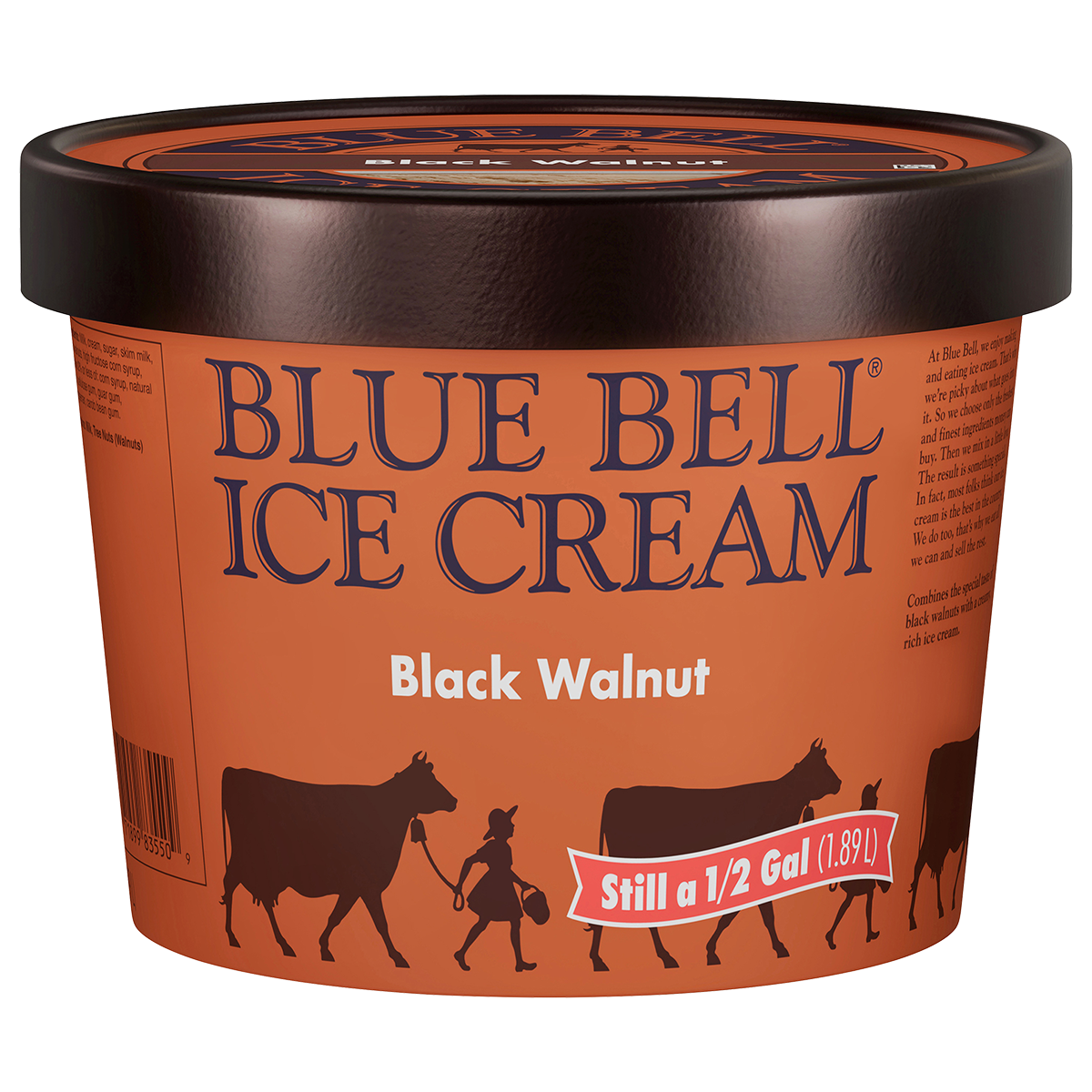 Half gallon of Blue Bell Black Walnut ice cream in brown carton with brown lid