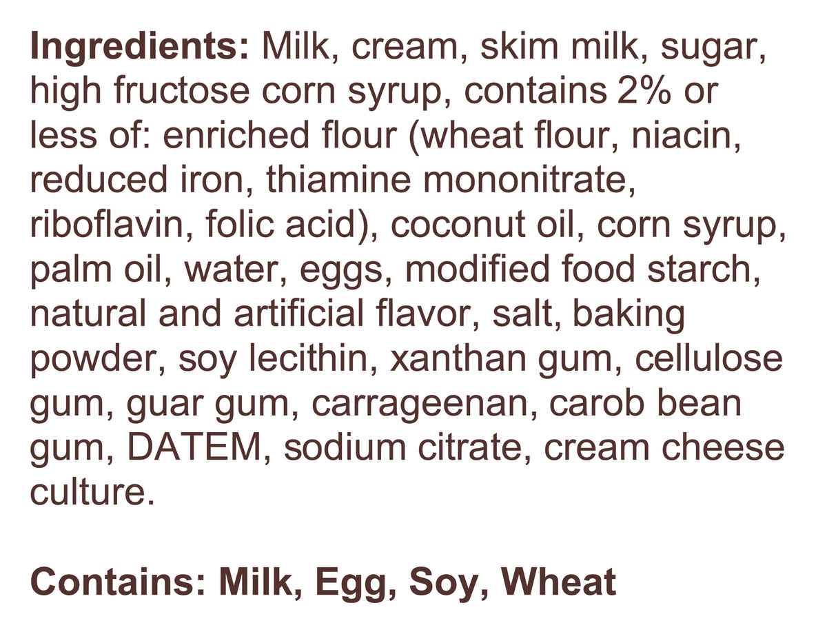 Blue Bell Bride's Cake Ice Cream Half Gallons Ingredient Listing and Allergens stating 'Contains: Milk, Egg, Soy, Wheat.'