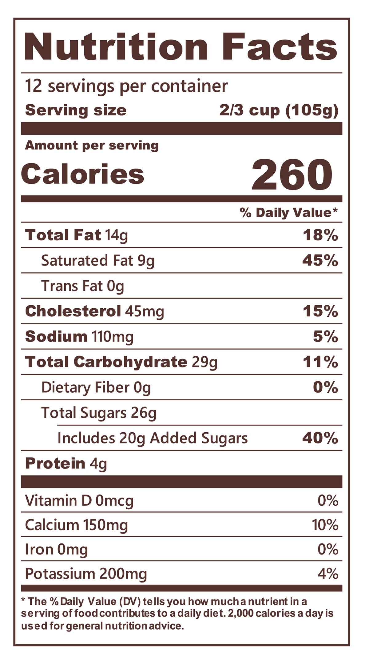 Blue Bell Bride's Cake Ice Cream Half Gallons Nutrition Facts label showing a serving size of 2/3 cup (105g) with 260 calories, listing nutrients such as total fat, cholesterol, sodium, and protein per serving.