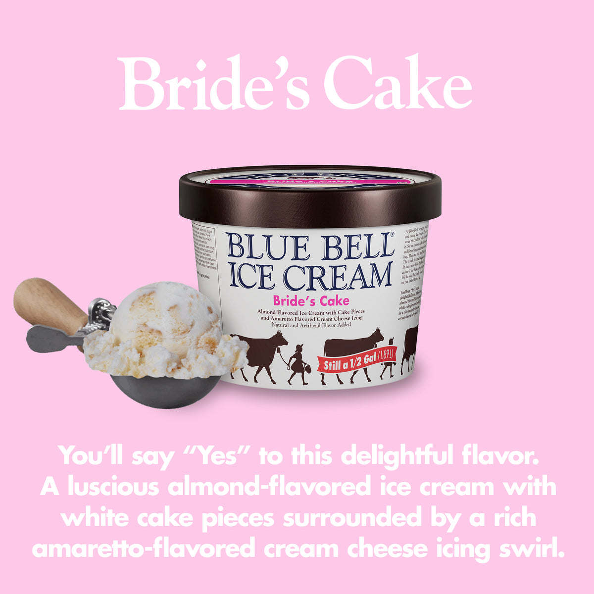 Blue Bell Bride's Cake Ice Cream Half Gallons Infographic with carton of ice cream, scoop of ice cream in a dipper and flavor description: A luscious almond ice cream with white cake pieces surrounded by a rich amaretto-flavored cream cheese icing swirl. 