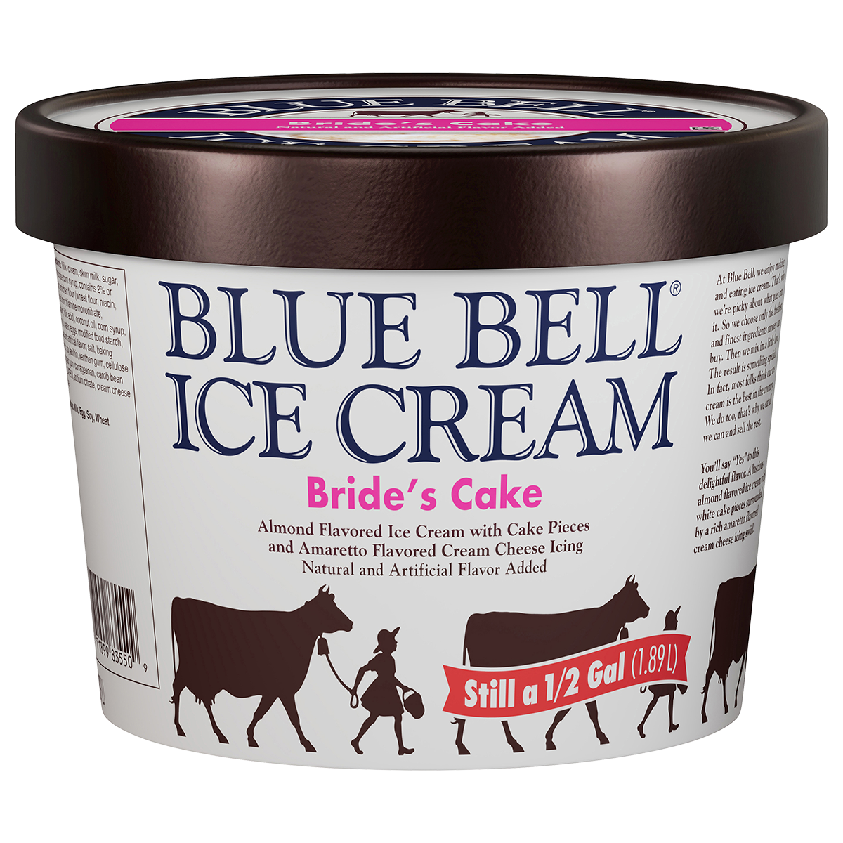 Half gallon of Blue Bell Bride's Cake ice cream in white carton with brown lid