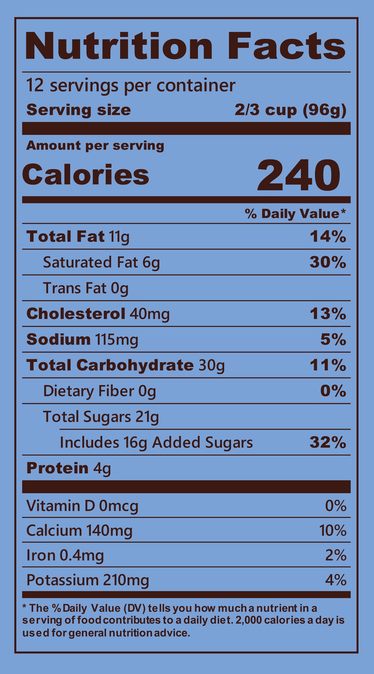 Blue Bell Brookie À la Mode Ice Cream Half Gallons Nutrition Facts label showing a serving size of 2/3 cup (96g) with 240 calories, listing nutrients such as total fat, cholesterol, sodium, and protein per serving.