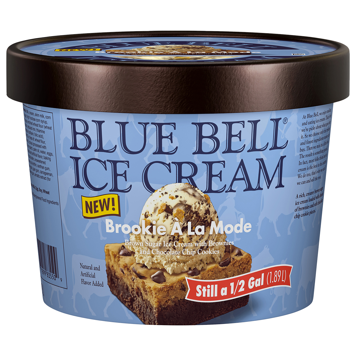 Half gallon of Blue Bell Brookie A La Mode ice cream in blue carton with brookie and ice cream scoop with brown lid